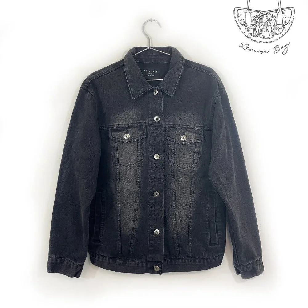 Love Tree / Jean Jacket Decor on the Back/ Black Grey / Size S - Picture 5 of 8